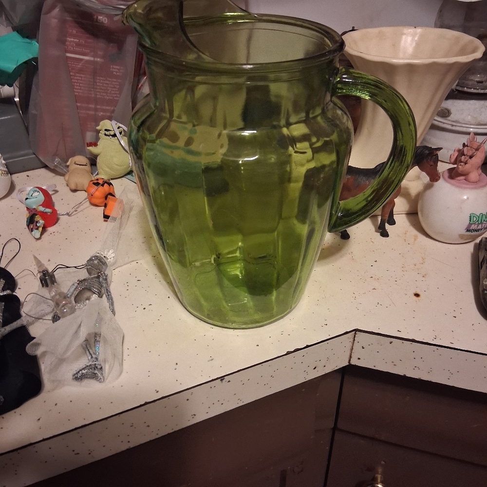 Anchor Hocking Sprucewood Avocado Green Glass Pitcher.